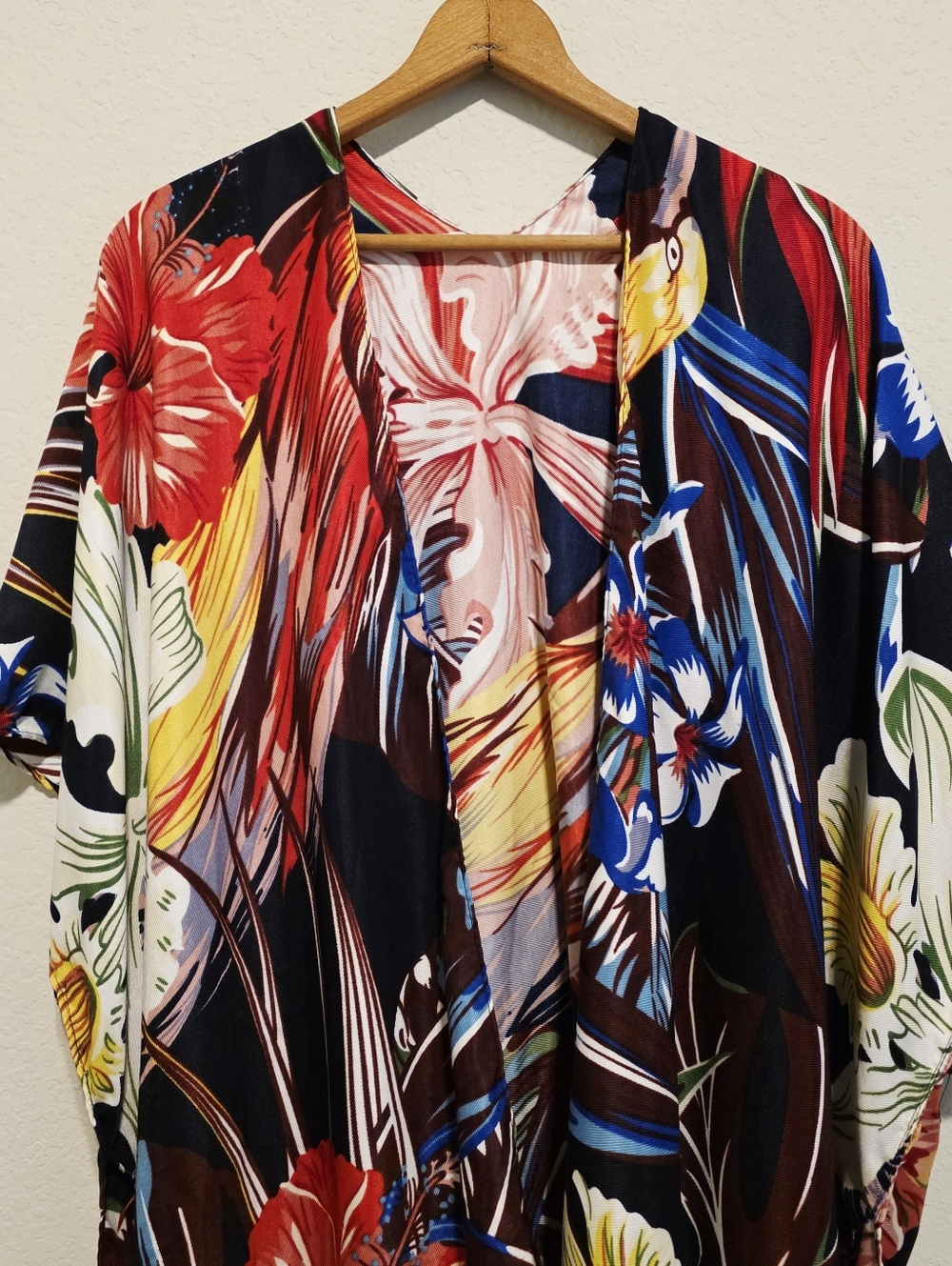 Max Studio Tropical Caftan Kimono Cover Up Floral Birds Resortwear Beach - Picture 2 of 16